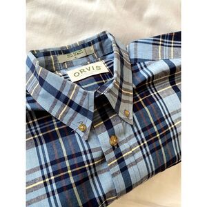 VINTAGE Orvis Plaid Shirt Men LARGE Button-down Short Sleeves Blue